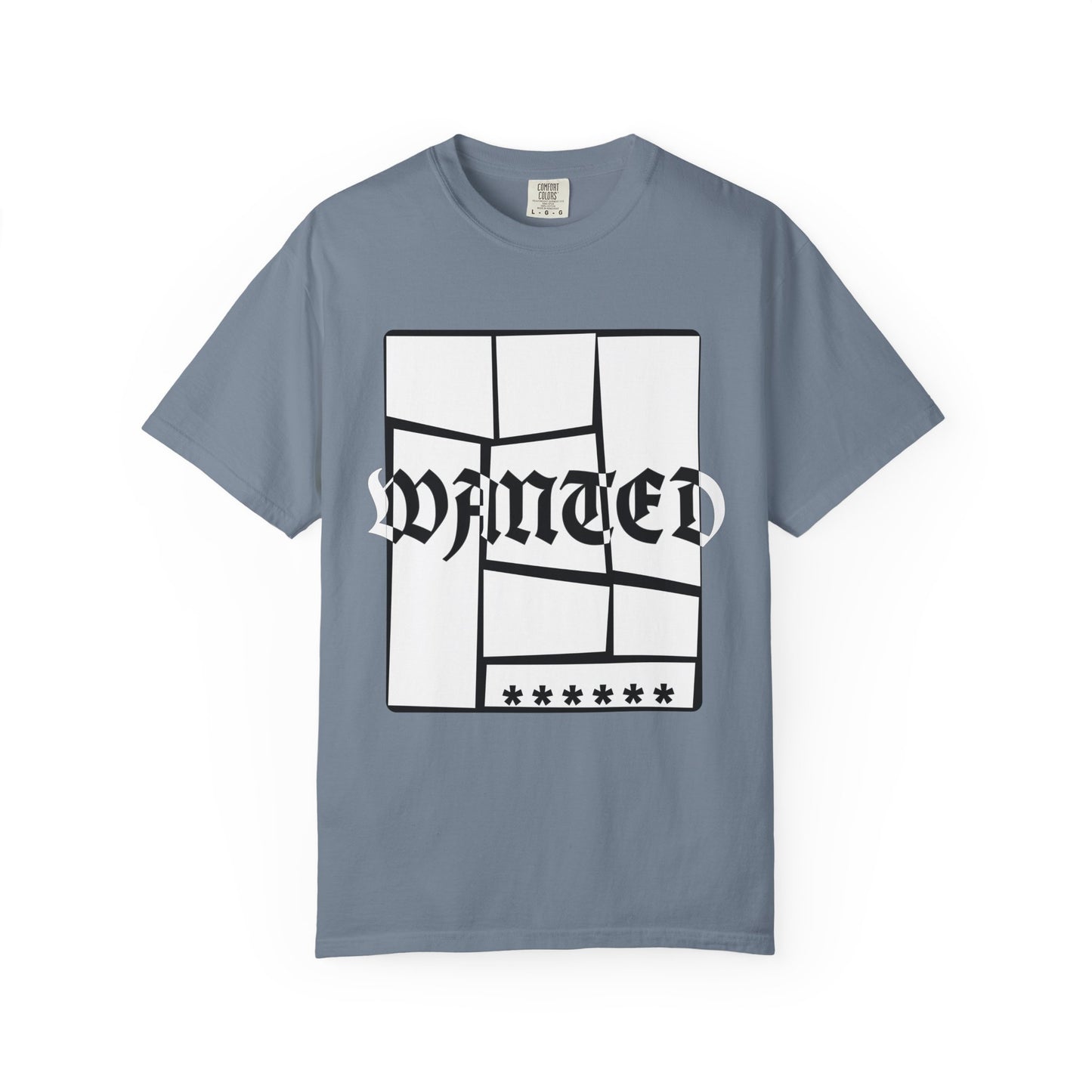 Streetcore navy tee with broken glass framed WANTED Old English print