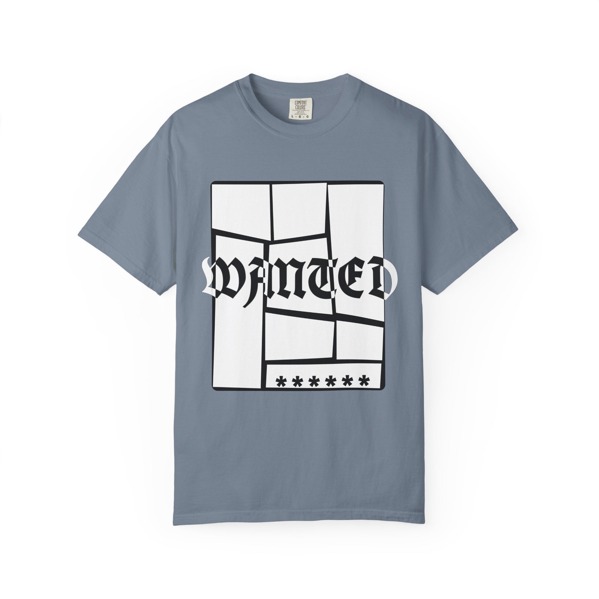Streetcore navy tee with broken glass framed WANTED Old English print