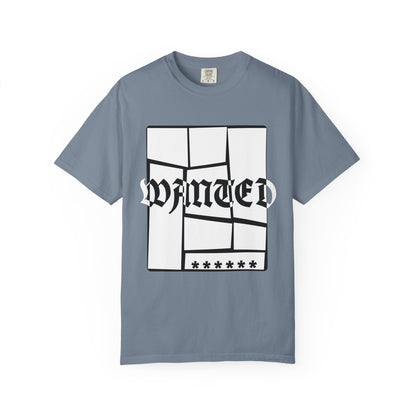 Streetcore navy tee with broken glass framed WANTED Old English print