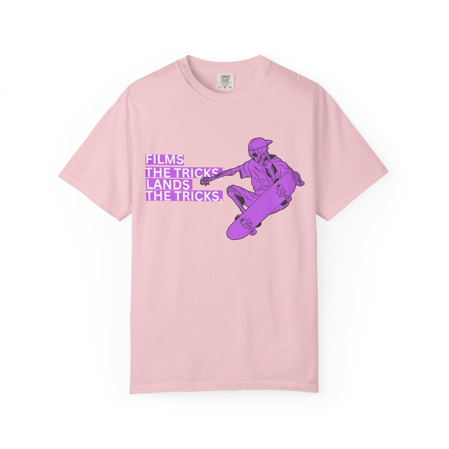 Streetwear graphic tee with stylized purple skater and bold text
