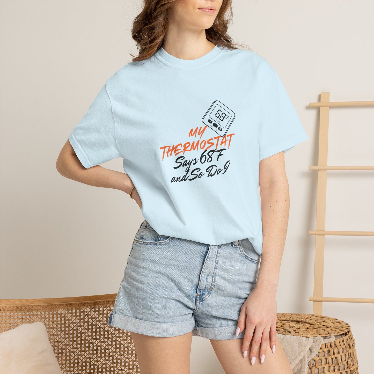 Streetwear graphic tees collection flat lay featuring thermostat themed design
