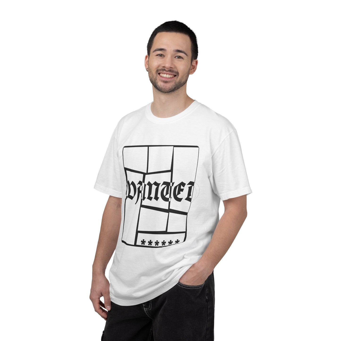 Streetwear navy tee with distorted WANTED lettering and row of asterisks