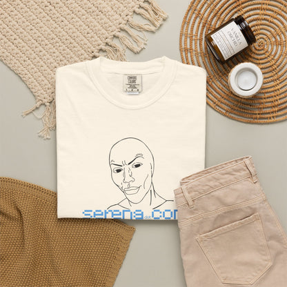 Streetwear satire tee hanging styled neutral earth tone background
