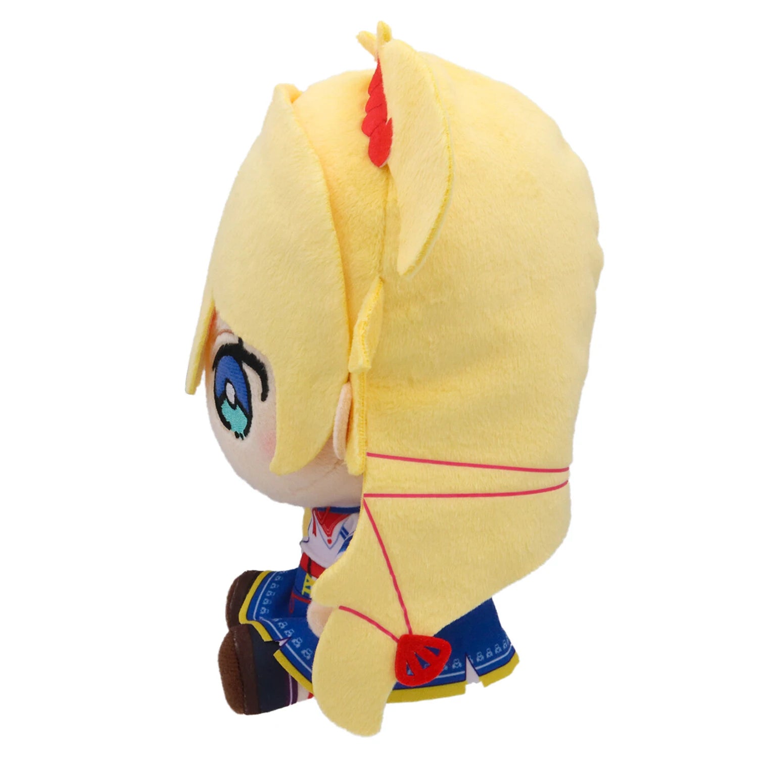 Stuffed Hachma plush toy front view with blonde hair and red ribbons