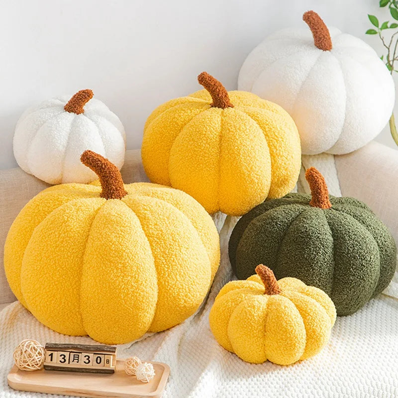 Stuffed pumpkin plush 35cm large size displayed on a grey sofa