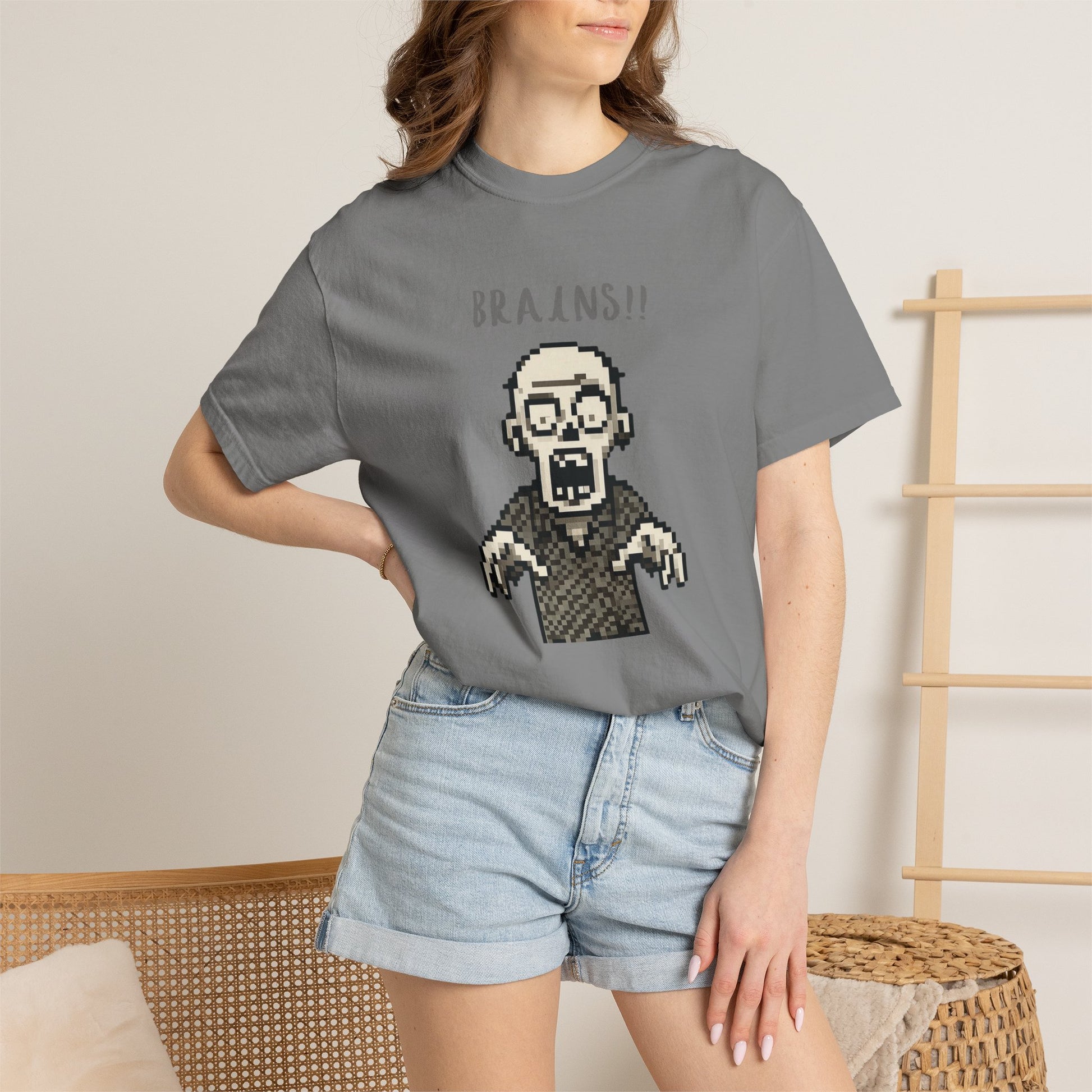 Stylish 8-bit zombie print graphic shirt.