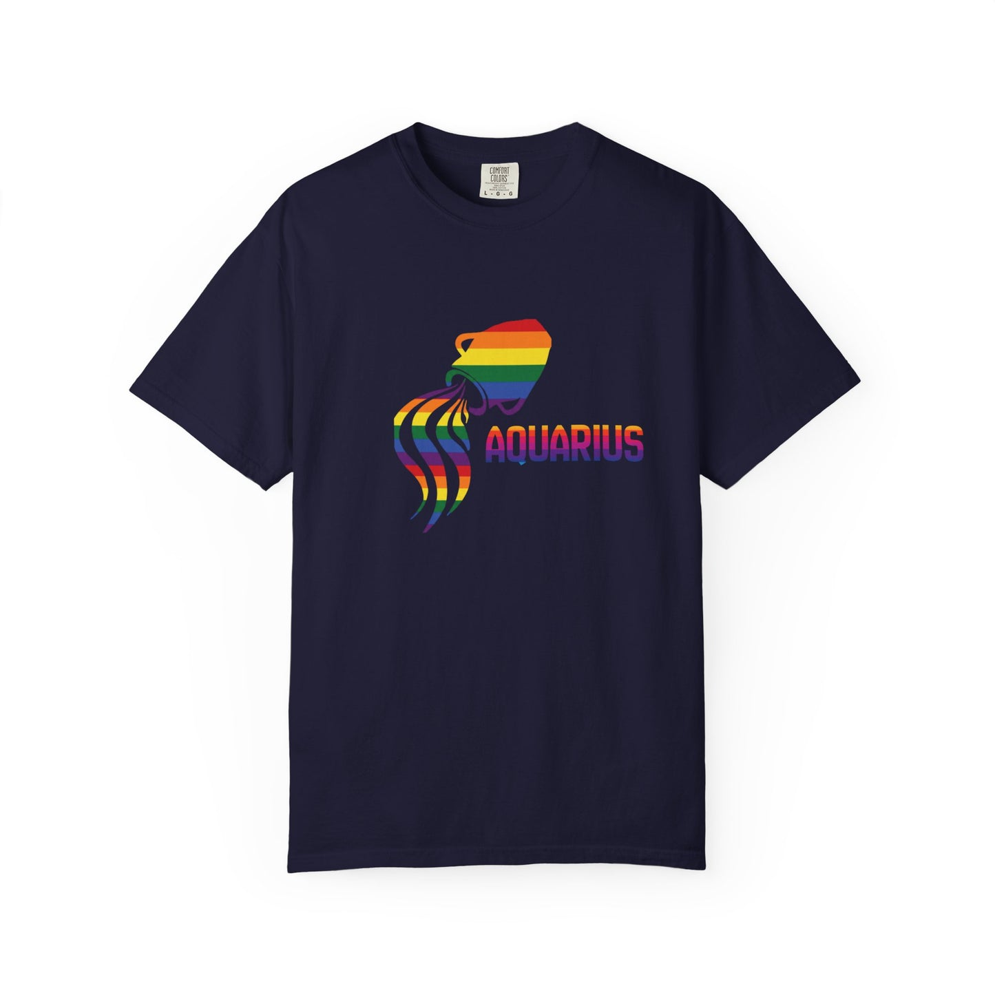 Stylized Aquarius zodiac tee in rainbow print