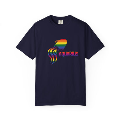 Stylized Aquarius zodiac tee in rainbow print