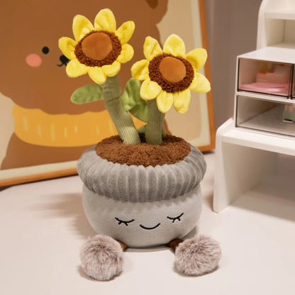 Sunflower kawaii plush potted plant cute smiling face dangling legs stuffed flower 30cm