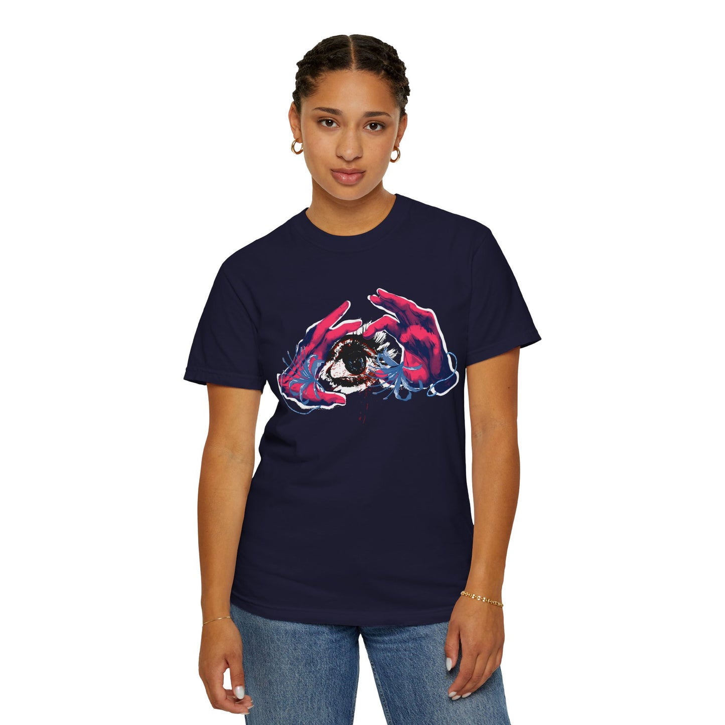 Surreal print tee on white mannequin showing full relaxed silhouette from shoulder to hem