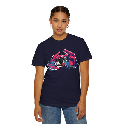 Surreal print tee on white mannequin showing full relaxed silhouette from shoulder to hem