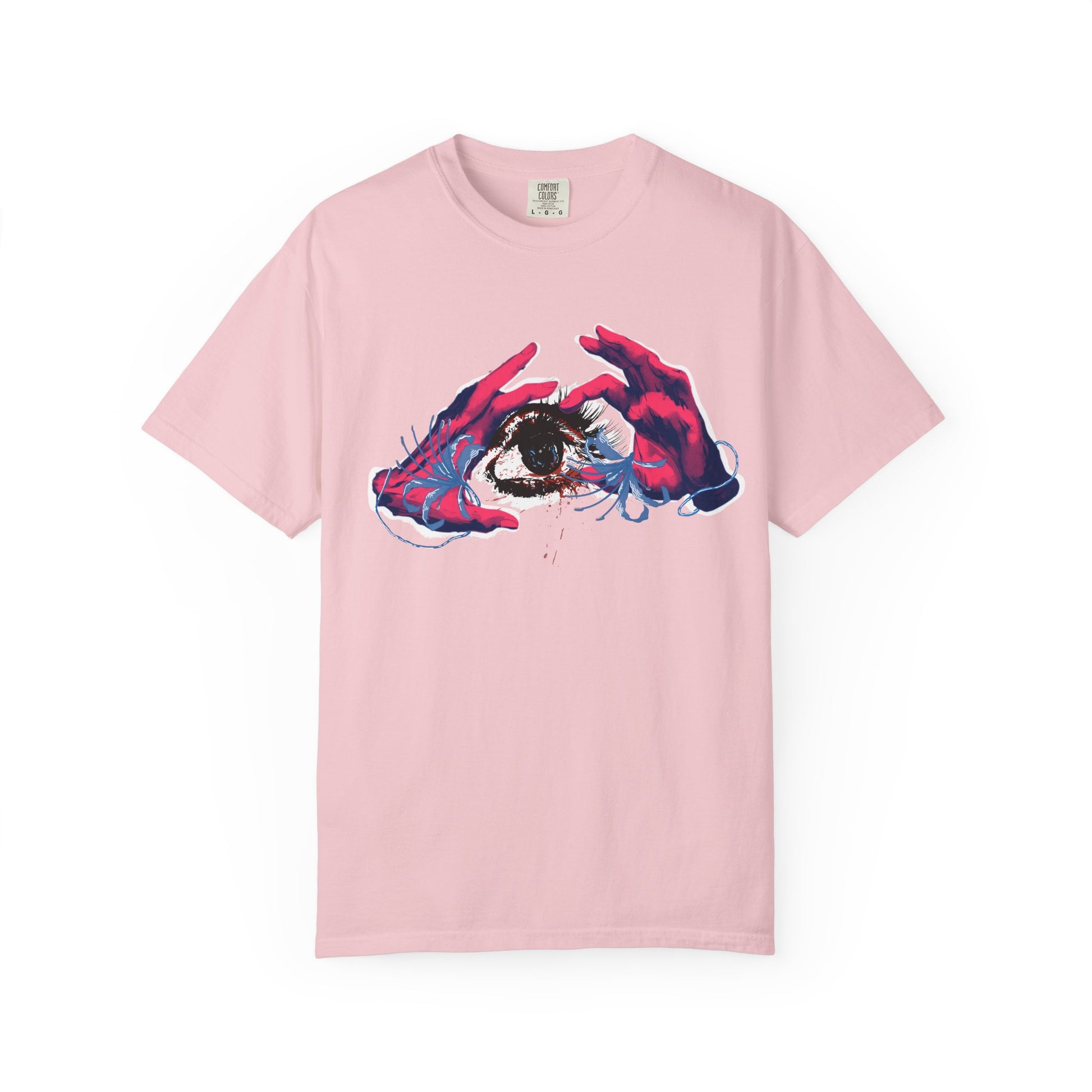Surreal print unisex tee detail showing soft garment dyed fabric texture and ink saturation