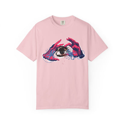Surreal print unisex tee detail showing soft garment dyed fabric texture and ink saturation