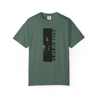 Survival horror graphic tee close up woodcut linework print quality detail
