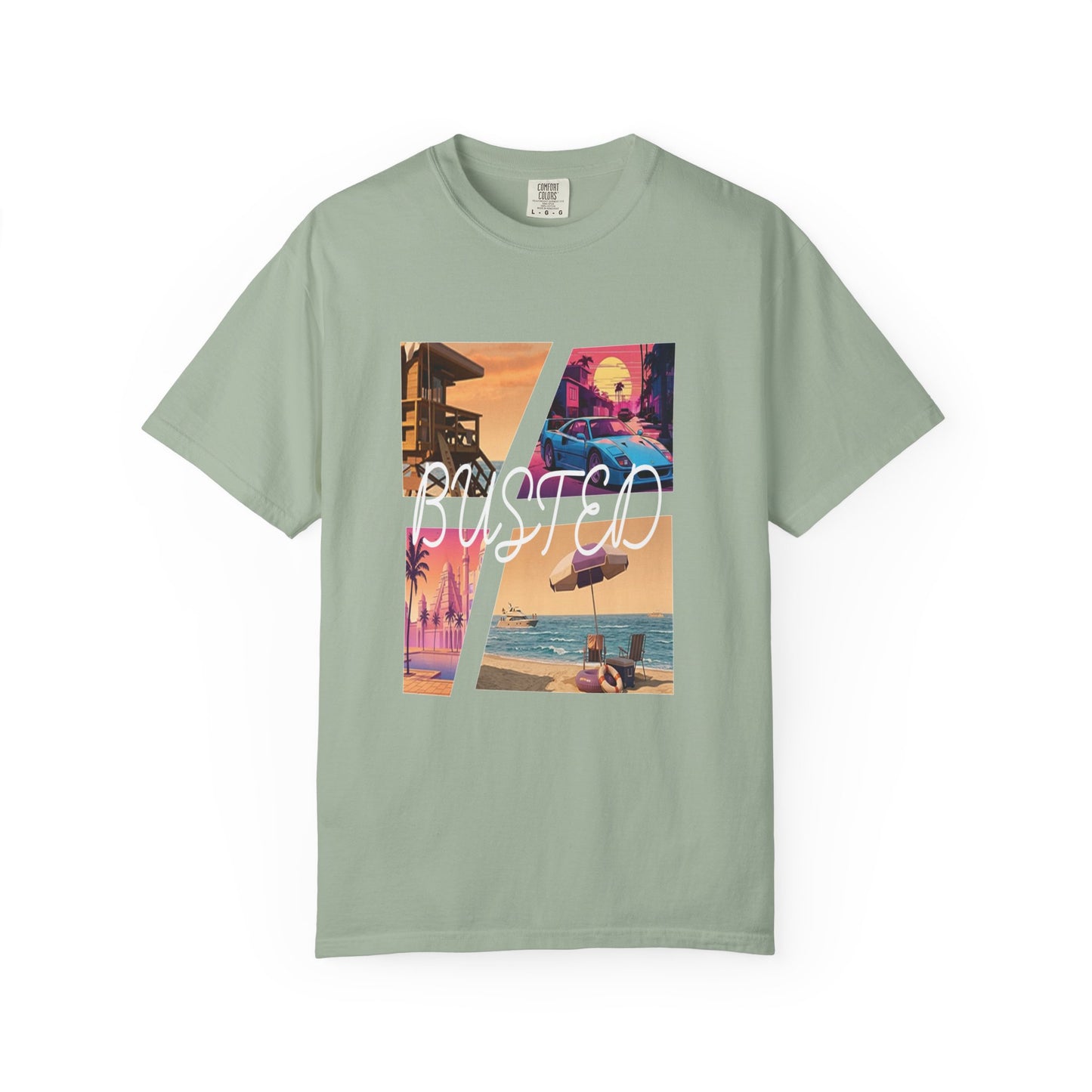 Synthwave aesthetic graphic tee with palm tree and sports car collage