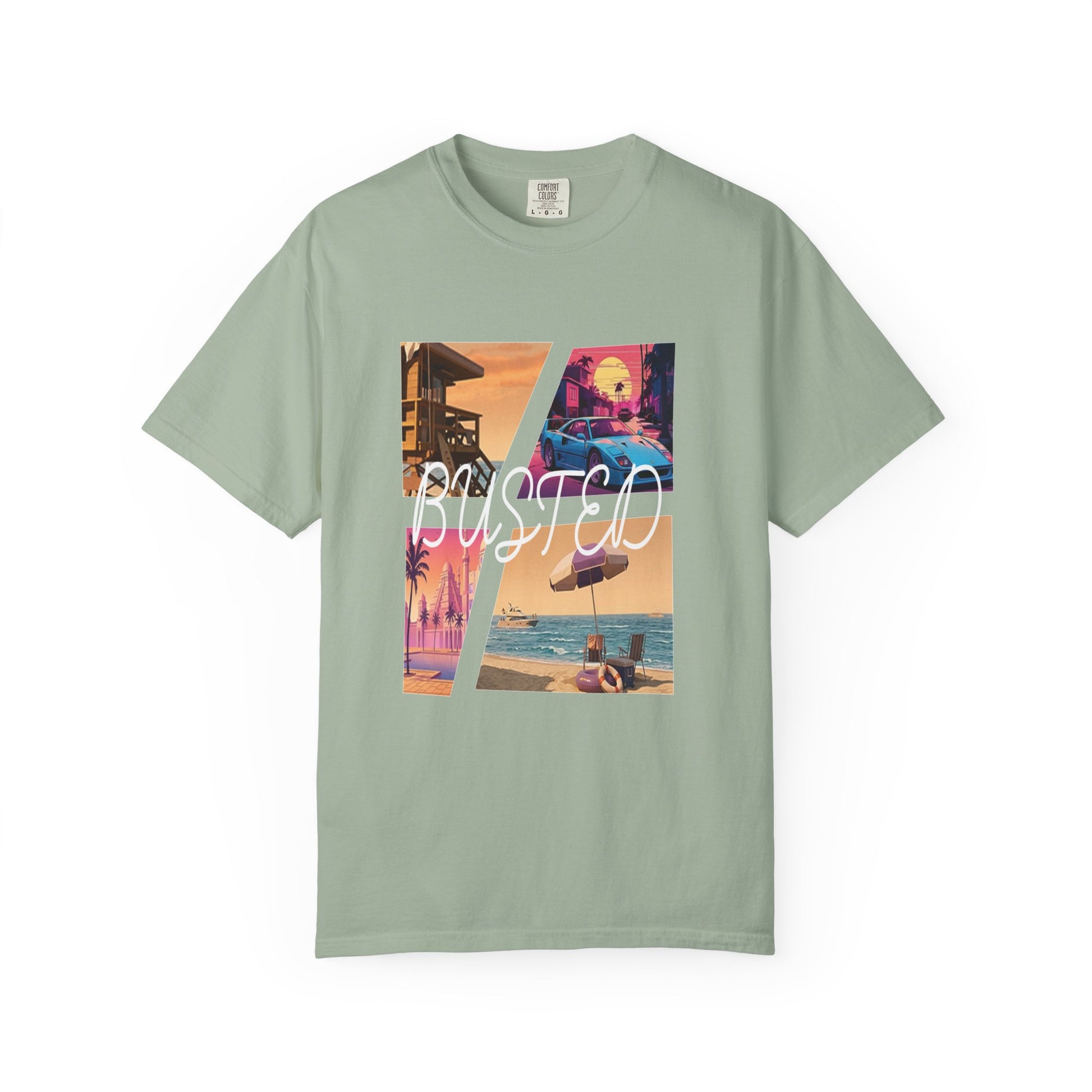Synthwave aesthetic graphic tee with palm tree and sports car collage