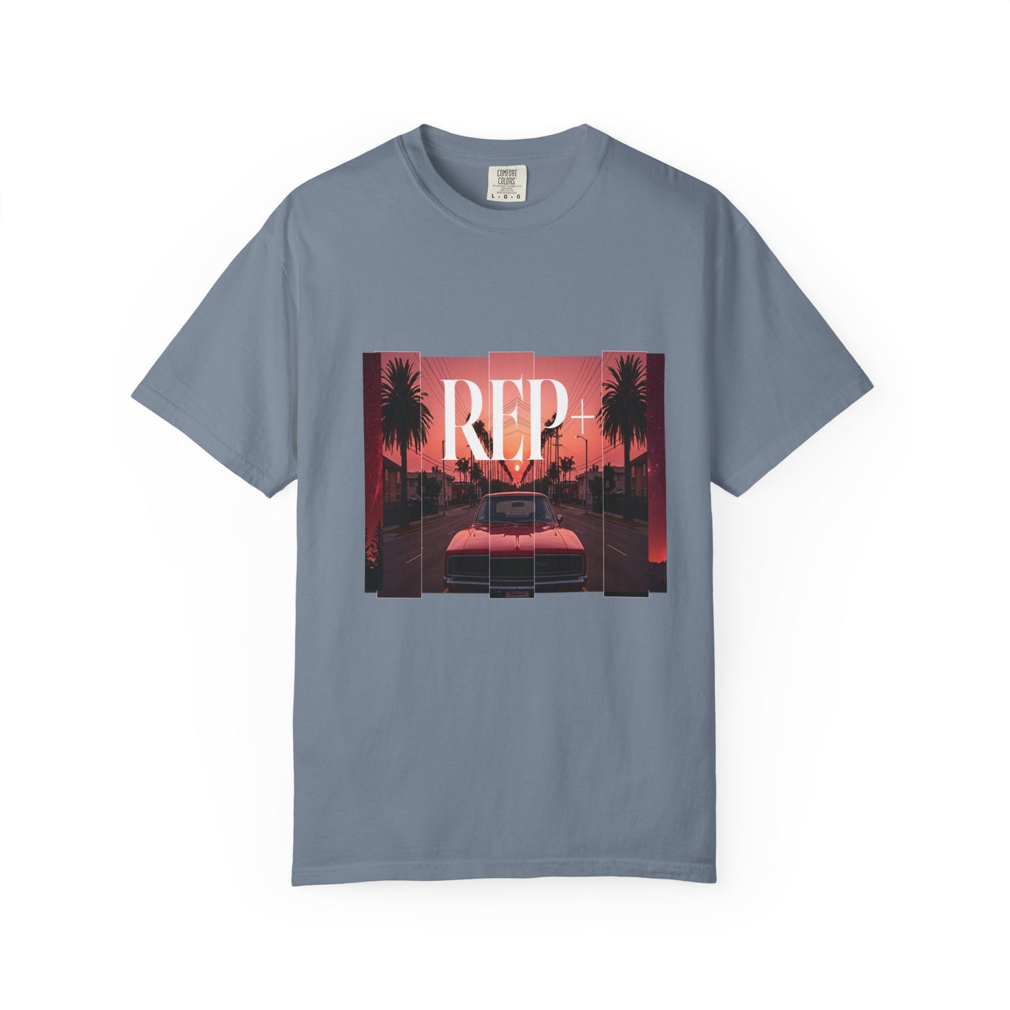 Synthwave aesthetic t shirt busted print neon pink orange sunset design
