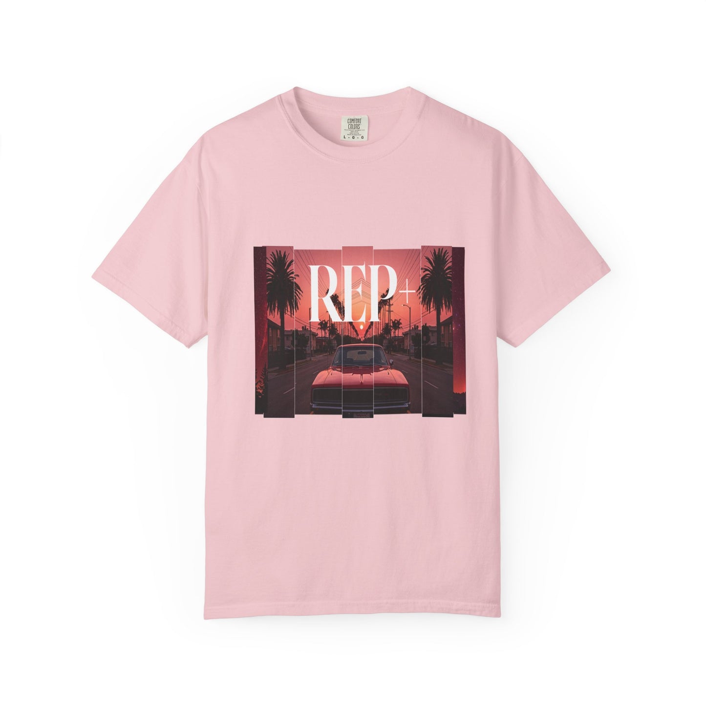 Synthwave t-shirt print with chrome muscle car and palm trees at golden hour
