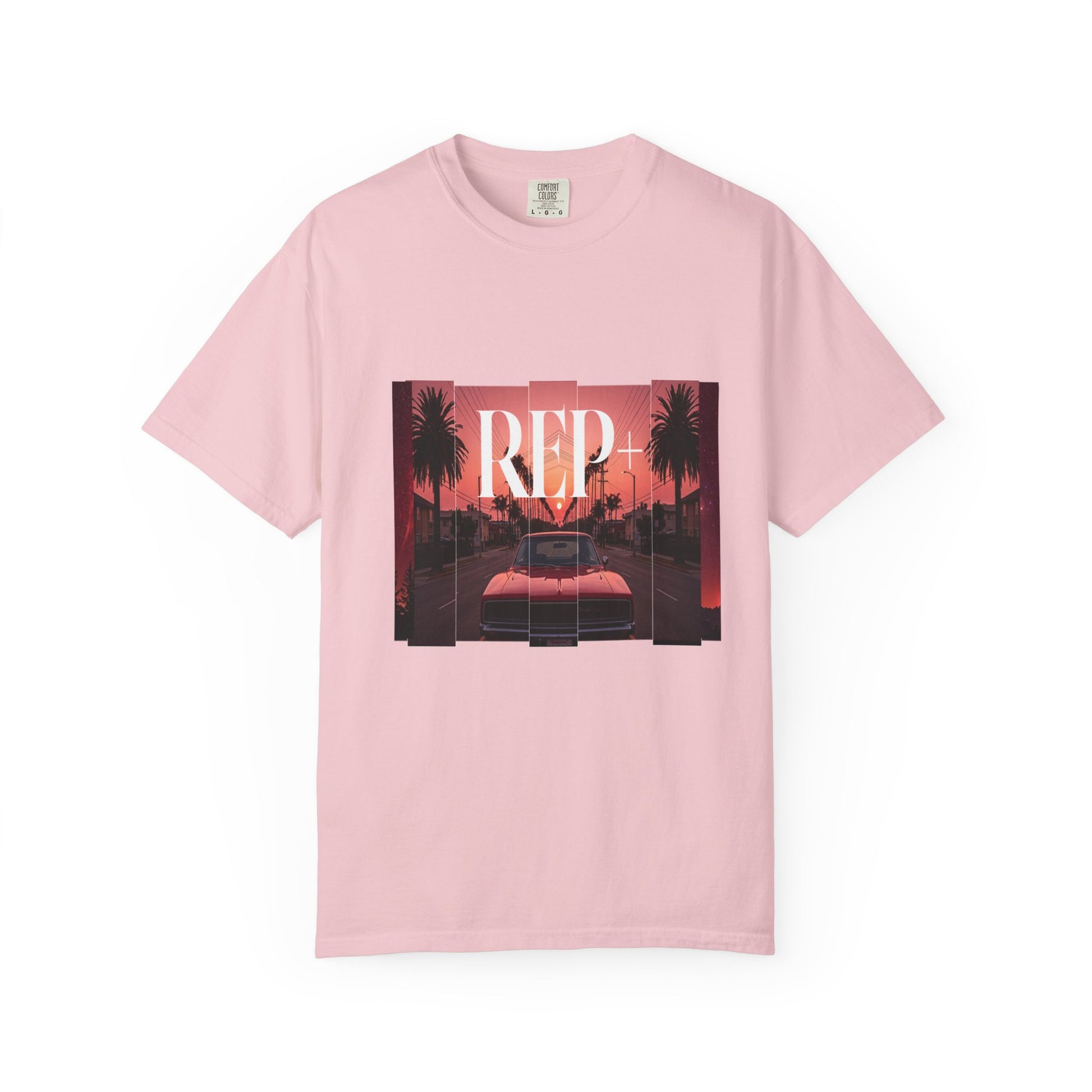 Synthwave t-shirt print with chrome muscle car and palm trees at golden hour