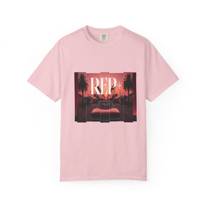 Synthwave t-shirt print with chrome muscle car and palm trees at golden hour