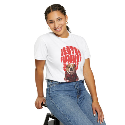 T-shirt design featuring a bulldog wearing a jester hat with jingle bells.
