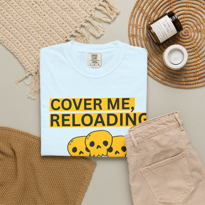 Tactical shooter fan gift shirt yellow skull cover me reloading design side angle view