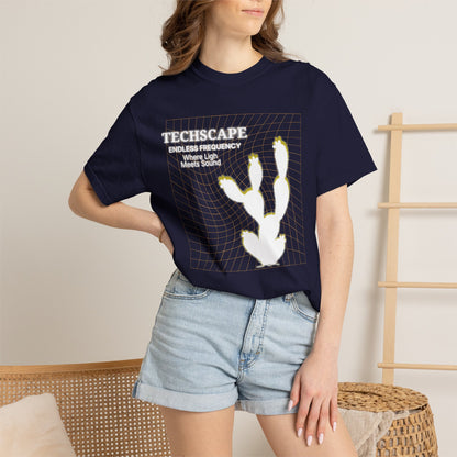 Techno fashion shirt modeled in urban setting, oversized relaxed silhouette