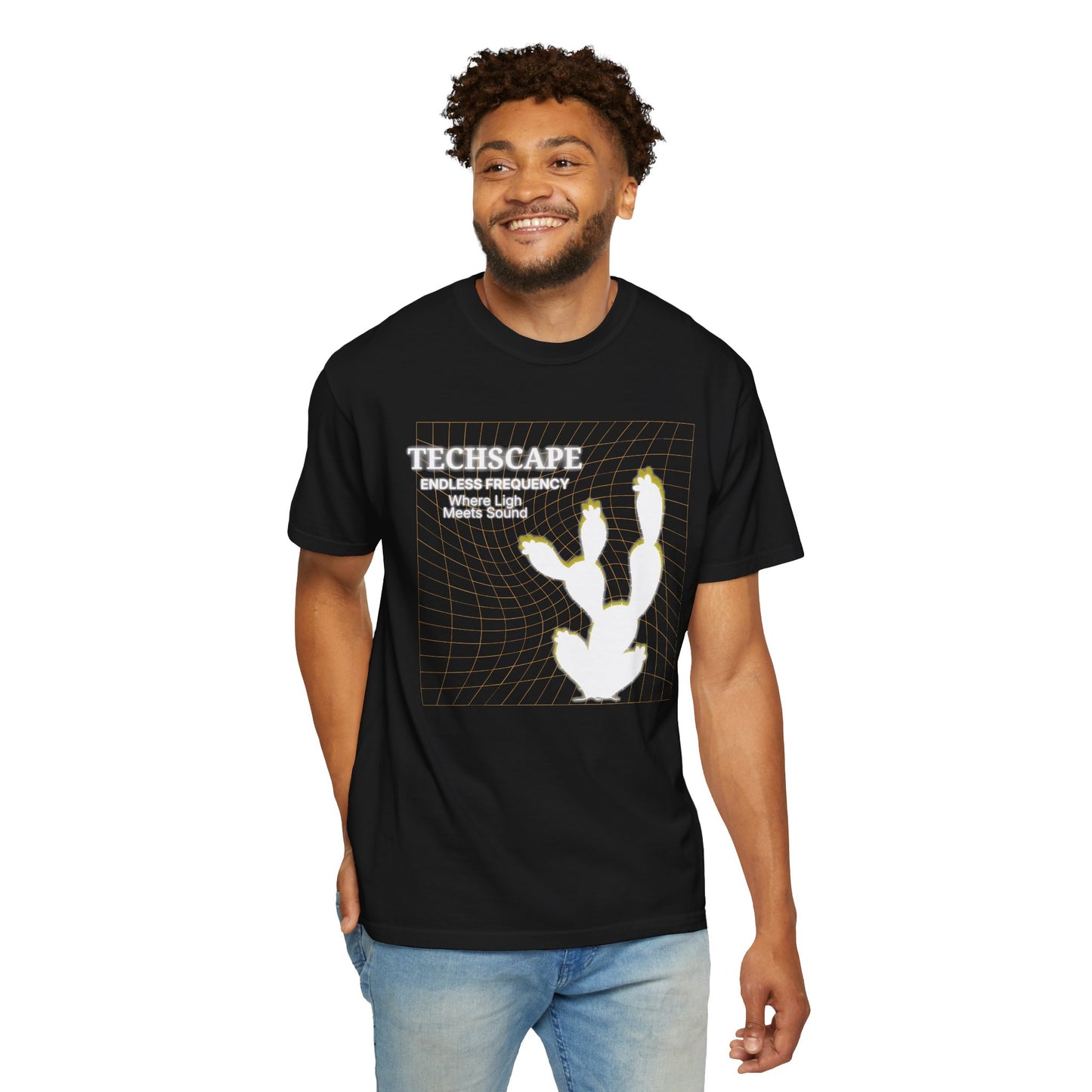 Techscape underground electronic music clothing graphic tee, washed pigment-dyed finish on Comfort Colors 1717 blank