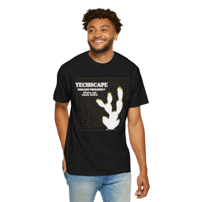 Techscape underground electronic music clothing graphic tee, washed pigment-dyed finish on Comfort Colors 1717 blank