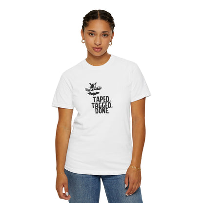 The Midnight Mariachi pop culture mashup shirt product photo with bat winged sombrero graphic on display
