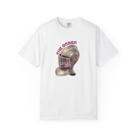 The Order knight helmet graphic t-shirt on Comfort Colors 1717 unisex tee in vintage wash
