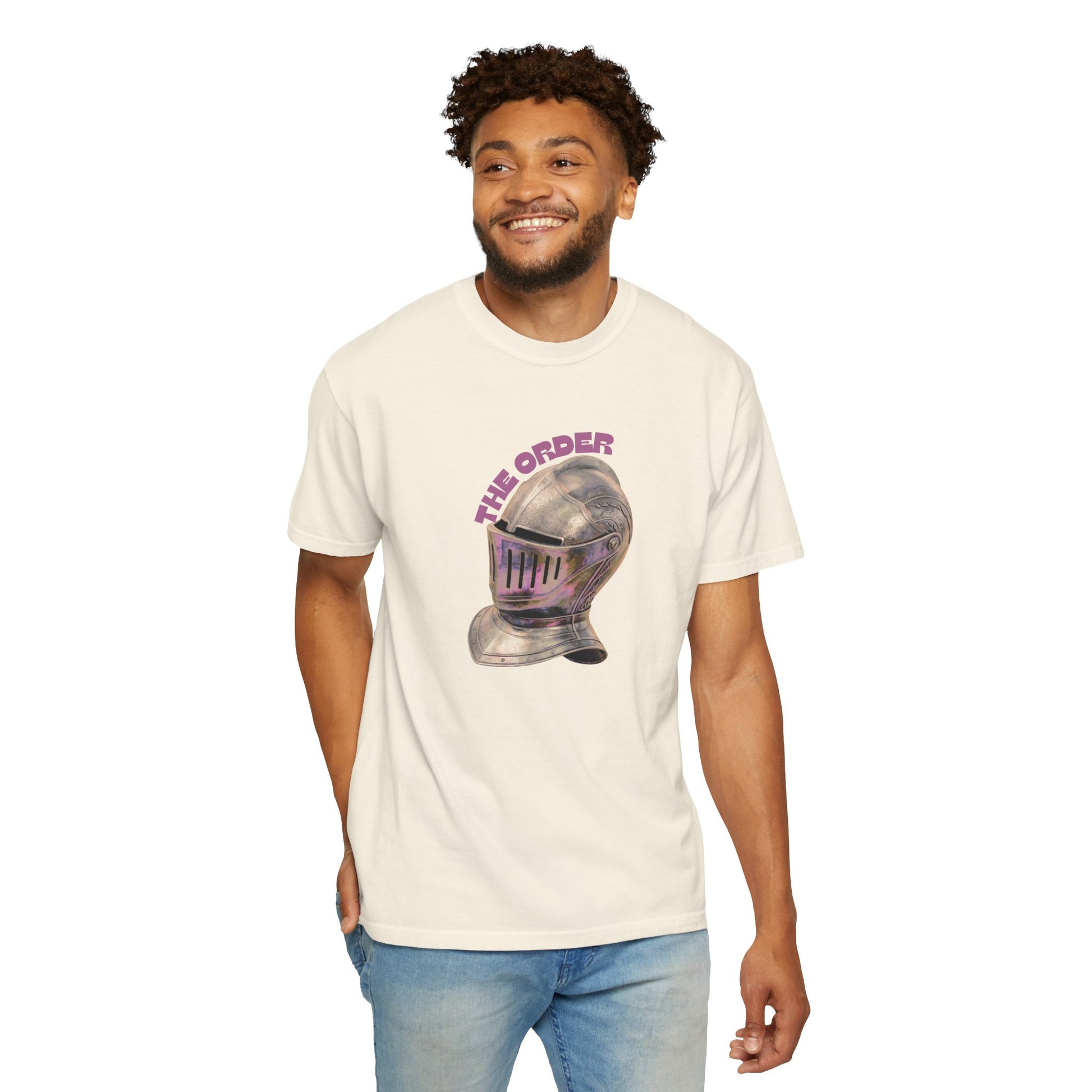 The Order knight helmet shirt worn by male model front facing natural light
