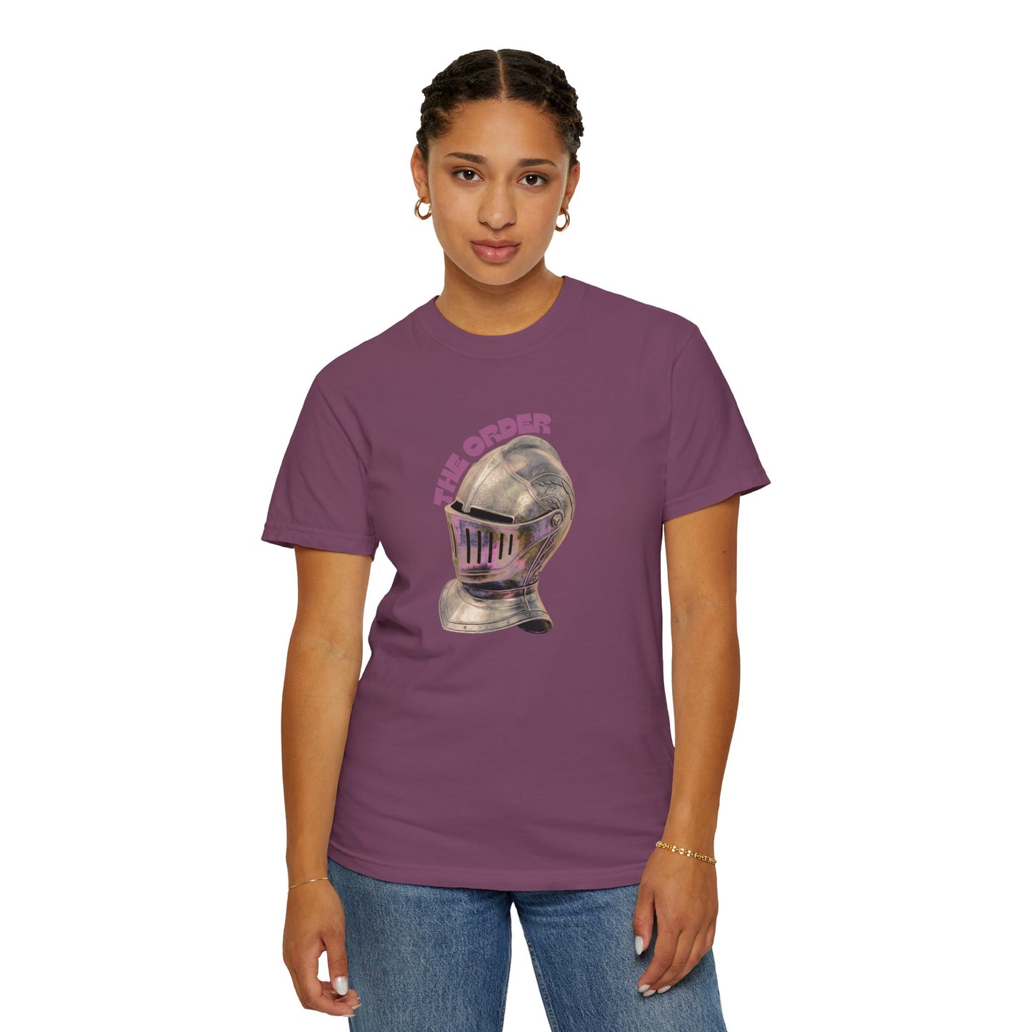 The Order knight helmet unisex graphic tee flat lay with accessories styling shot
