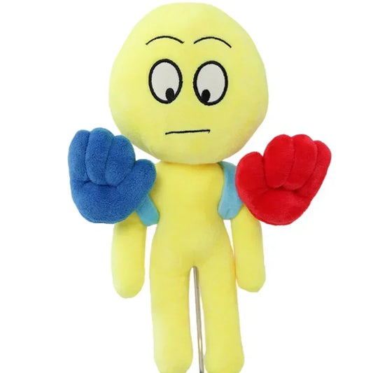 The Player plush from Poppy Playtime with yellow helmet and blue overalls holding Grab Pack
