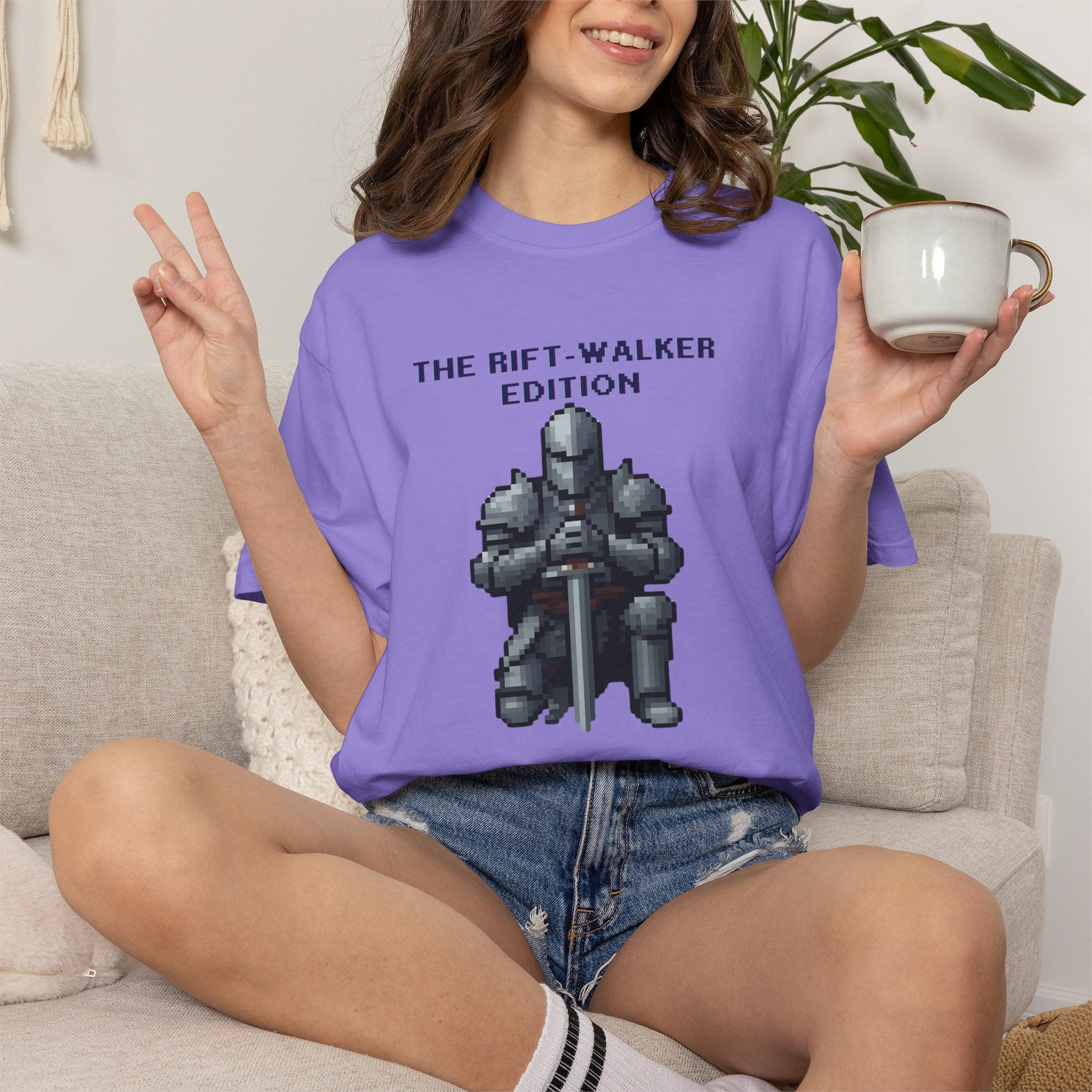 The Rift-Walker Edition dungeon crawler t-shirt worn walking outdoors in motion
