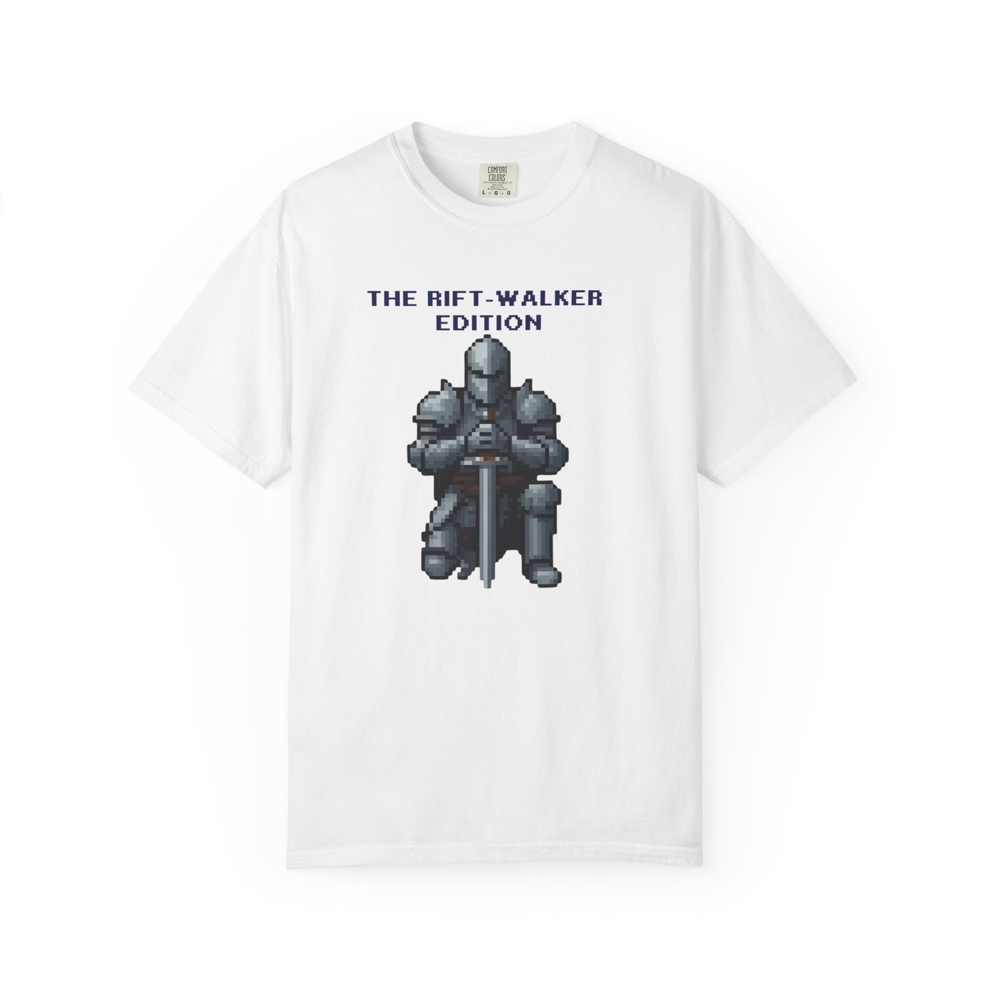 The Rift-Walker Edition pixel knight t-shirt front view on Comfort Colors heavyweight cotton
