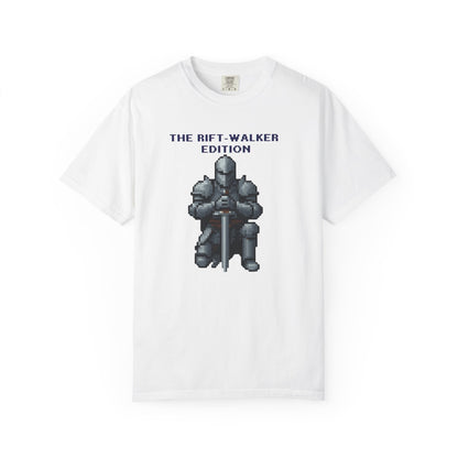 The Rift-Walker Edition pixel knight t-shirt front view on Comfort Colors heavyweight cotton

