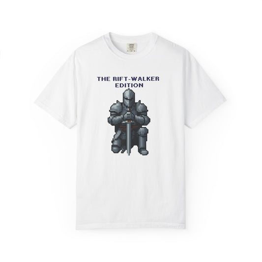 The Rift-Walker Edition pixel knight t-shirt front view on Comfort Colors heavyweight cotton
