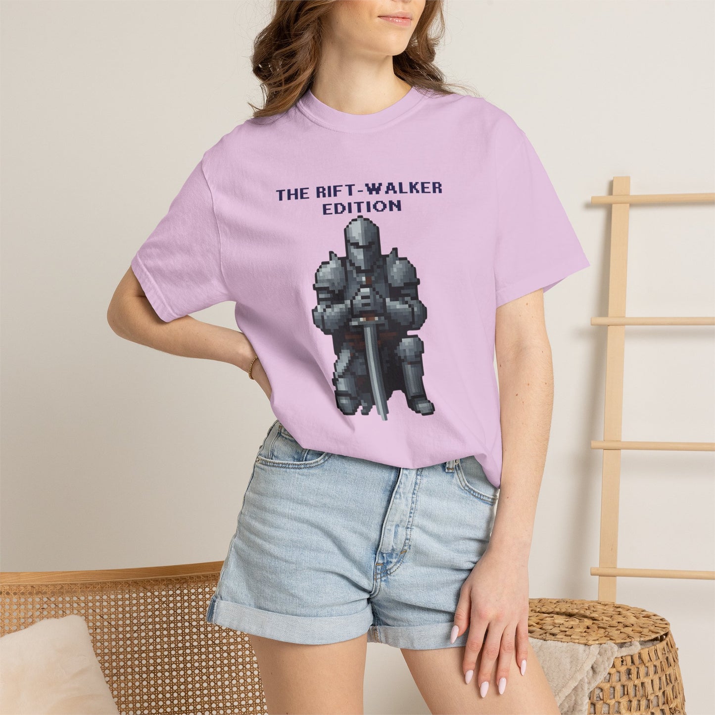 The Rift-Walker pixel knight graphic tee packaged in a mailer ready to ship

