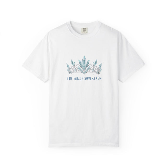The White Sovereign blue seaweed crown graphic tee front view Tsaritsa inspired design on garment dyed Comfort Colors 1717 deep blue
