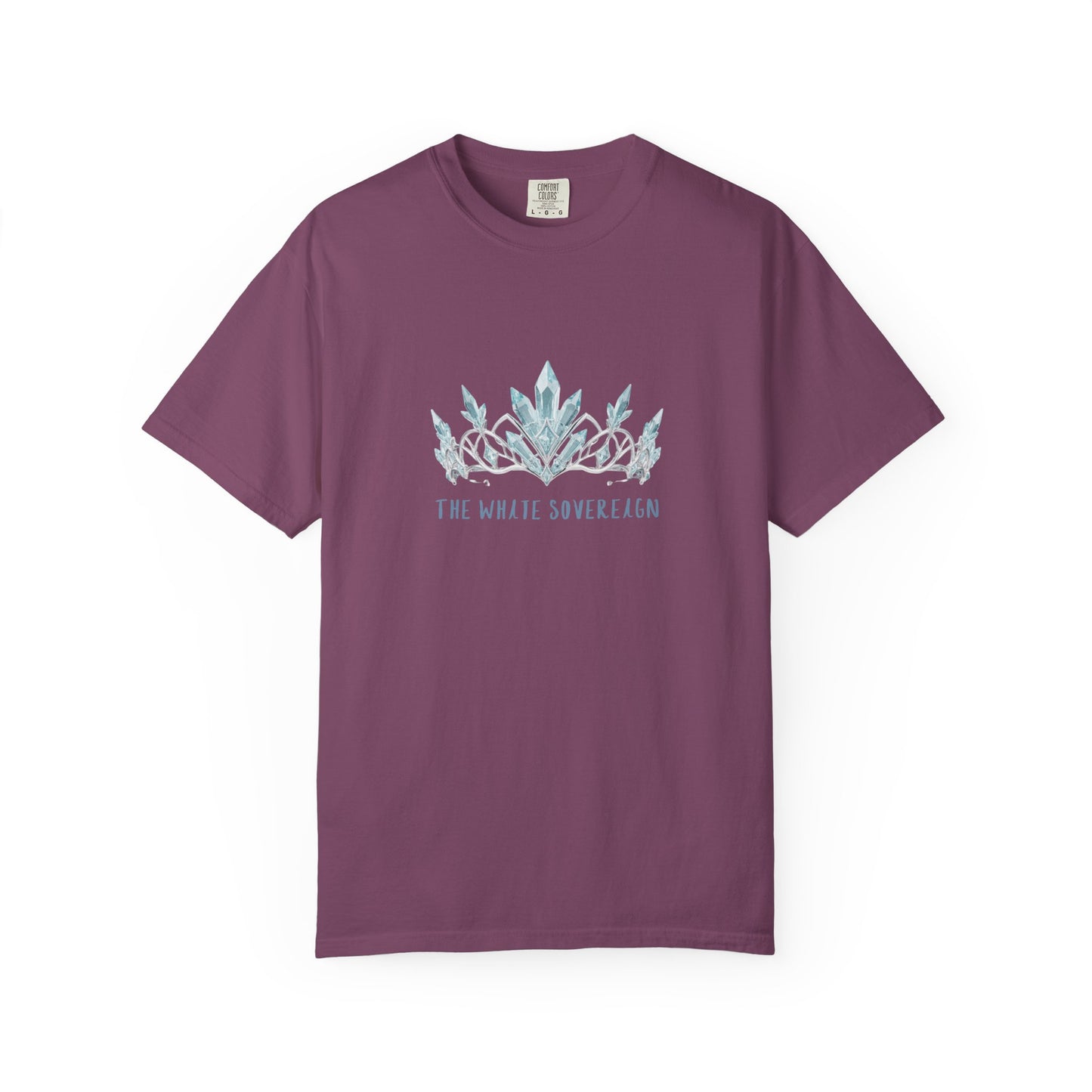 The White Sovereign blue seaweed crown shirt folded to show watercolor crown crest and deep glacial blue colorway
