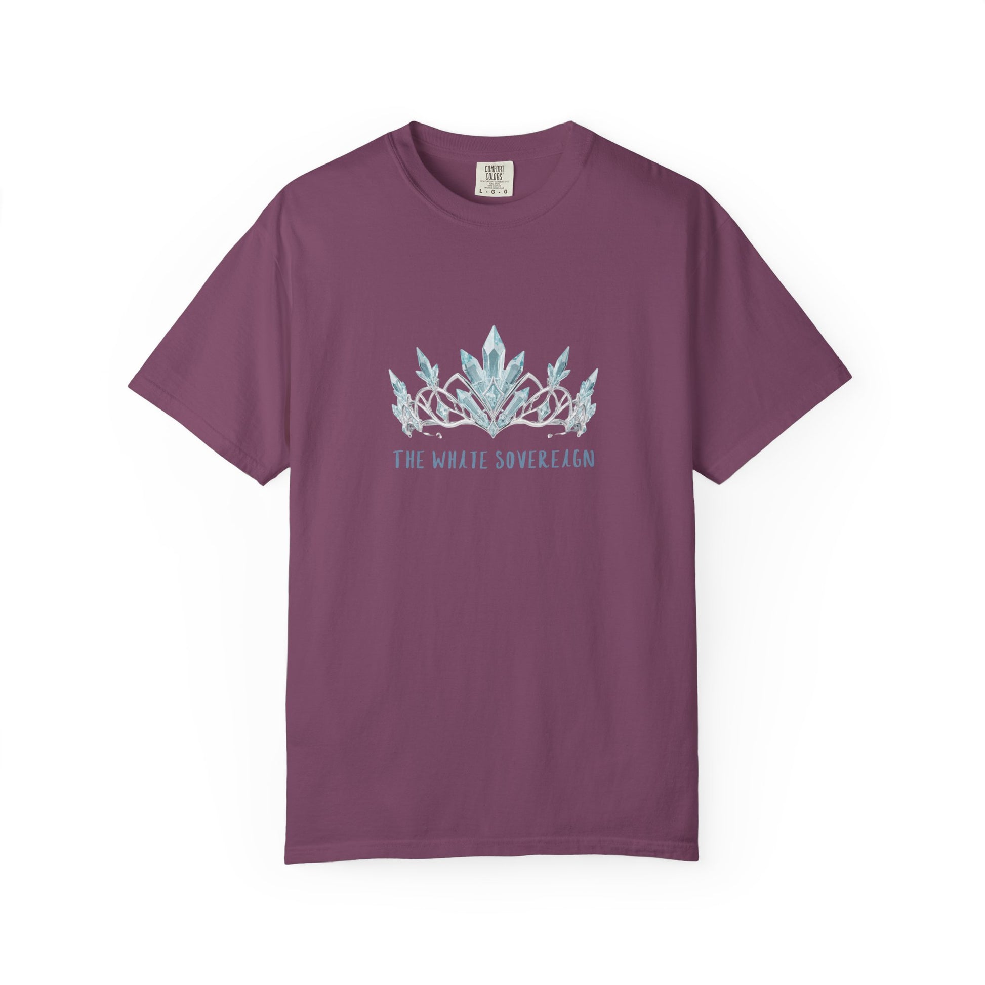 The White Sovereign blue seaweed crown shirt folded to show watercolor crown crest and deep glacial blue colorway
