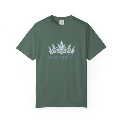 The White Sovereign cold sovereign tee flat lay on a white surface showing full chest graphic and garment dyed finish
