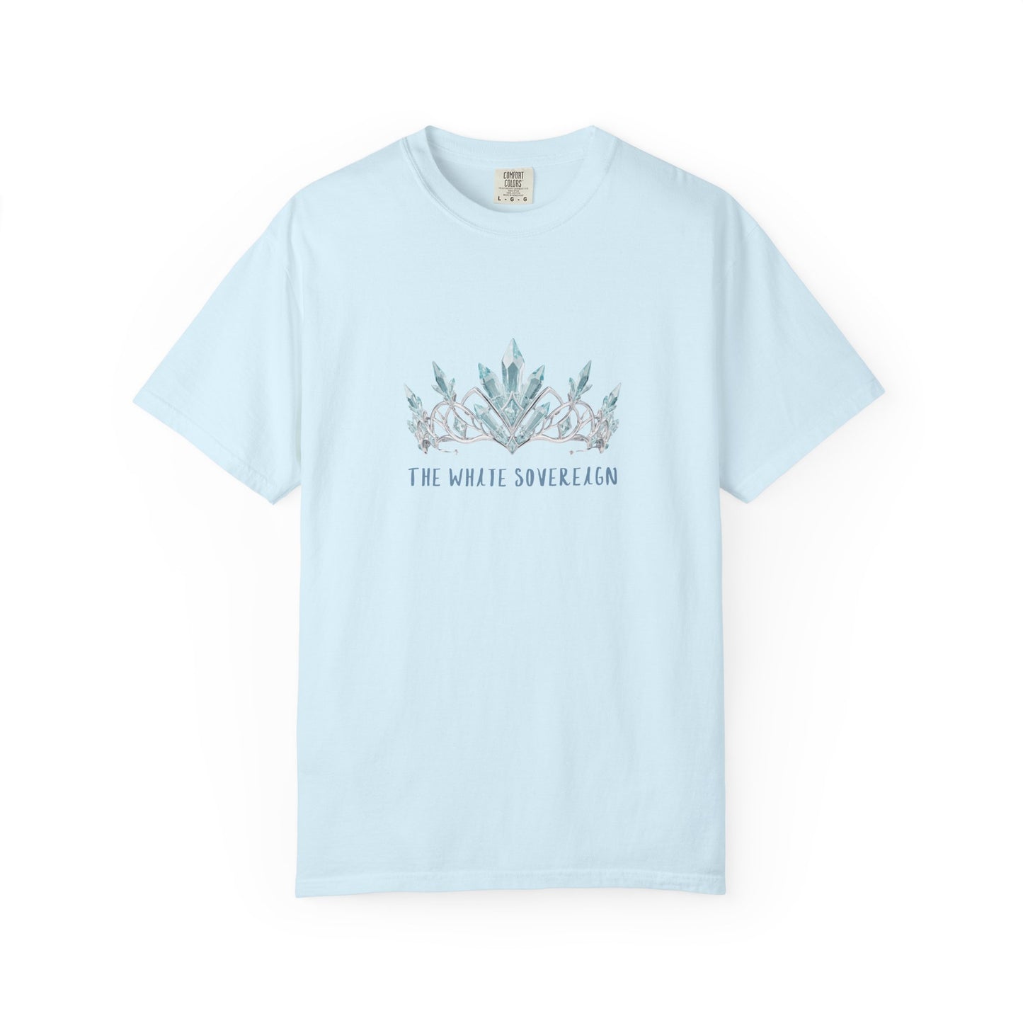 The White Sovereign comfort colors frost tee size comparison flat lay showing available sizing from S through 3XL
