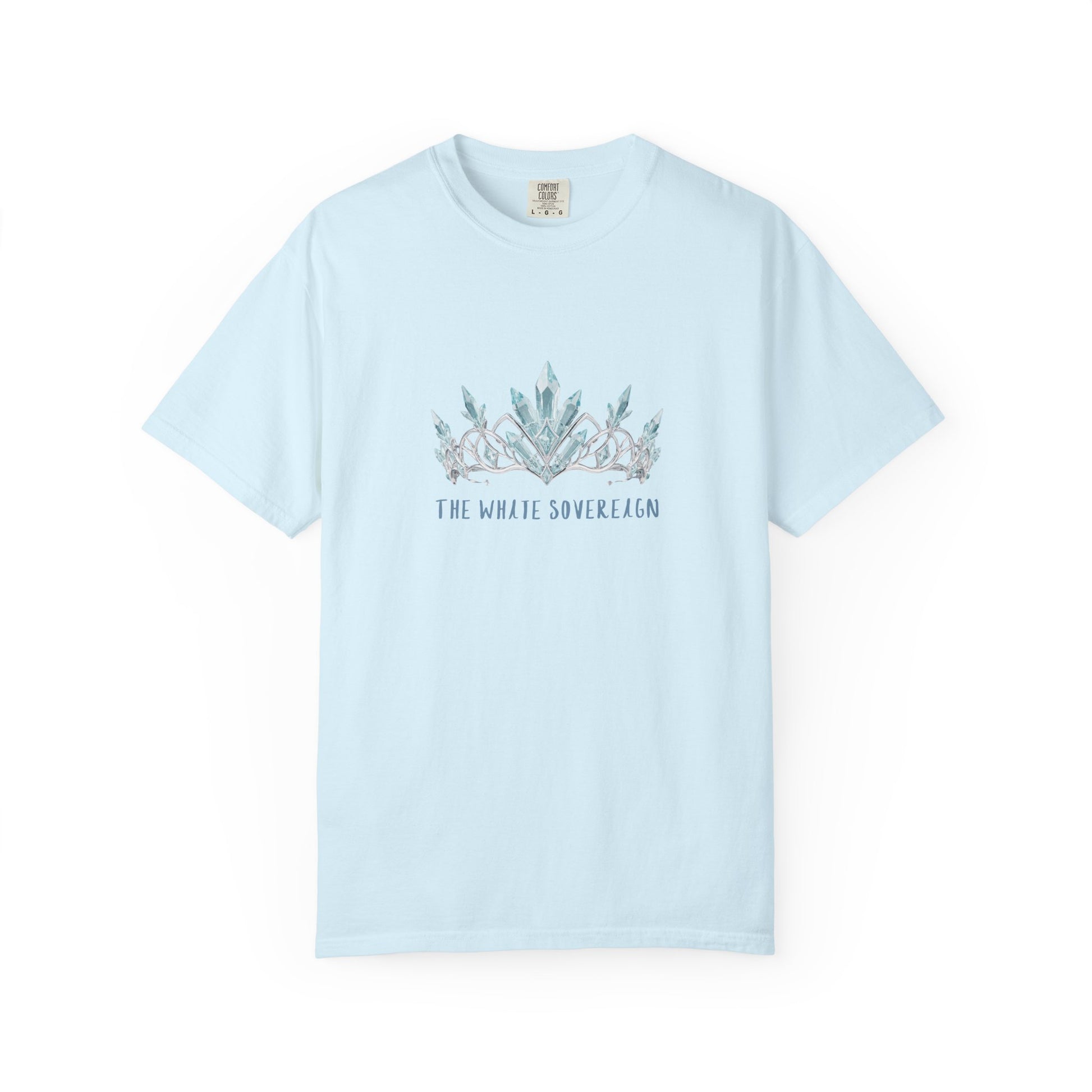 The White Sovereign comfort colors frost tee size comparison flat lay showing available sizing from S through 3XL

