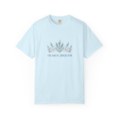 The White Sovereign comfort colors frost tee size comparison flat lay showing available sizing from S through 3XL

