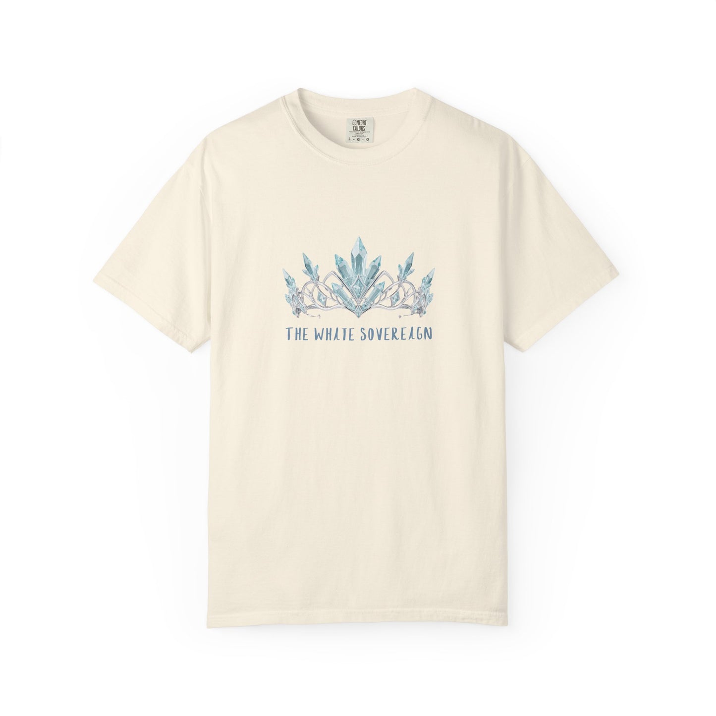 The White Sovereign frost empress graphic tee back view showing relaxed tubular fit and double needle stitching on preshrunk heavyweight cotton
