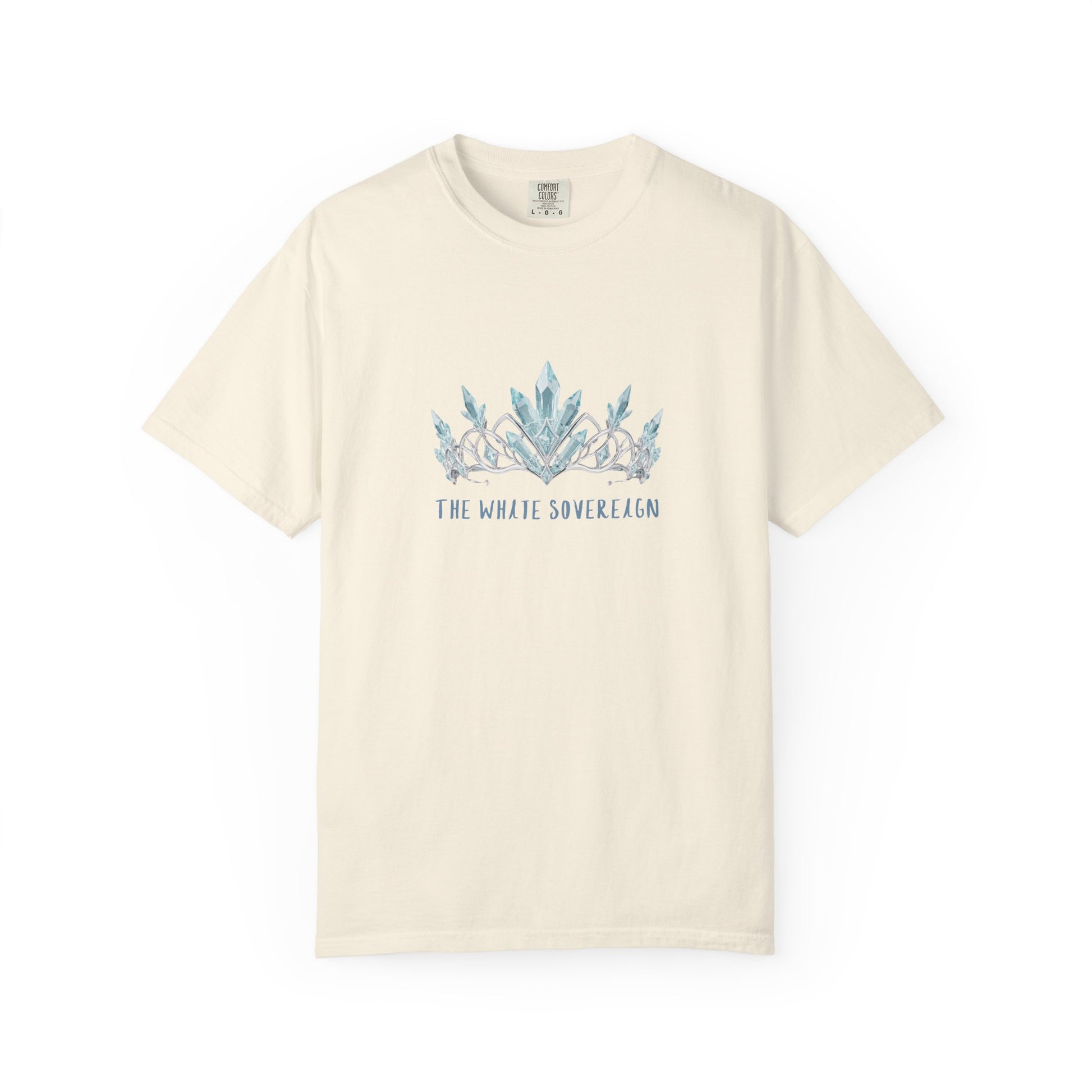 The White Sovereign frost empress graphic tee back view showing relaxed tubular fit and double needle stitching on preshrunk heavyweight cotton
