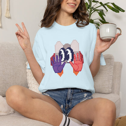 The graphic depicts a mirrored pair of stylized mechanical hands in warm and cool tones, elegantly framing a set of wide, curious eyes.