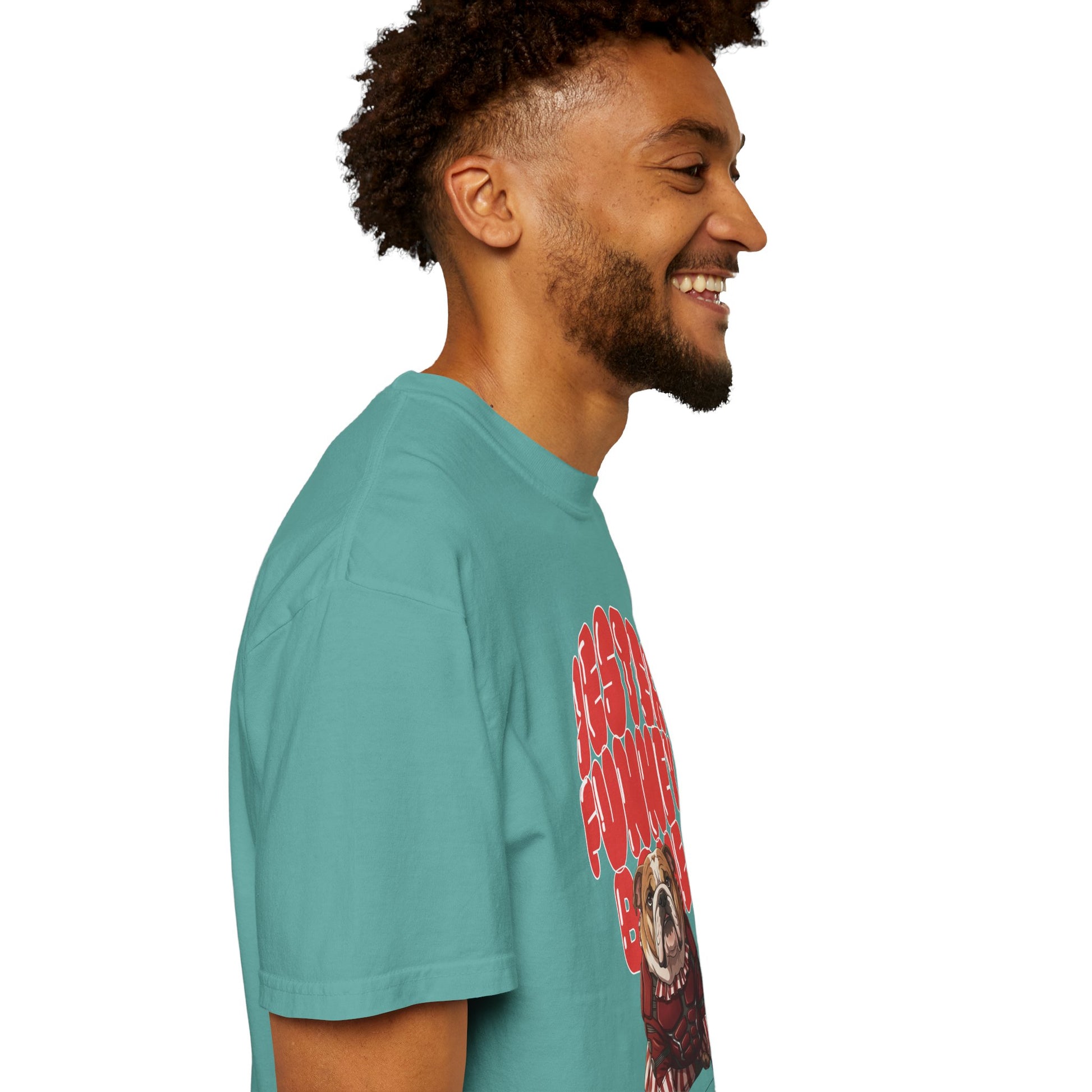 The jester bulldog graphic tee paired with denim for a retro streetwear look.